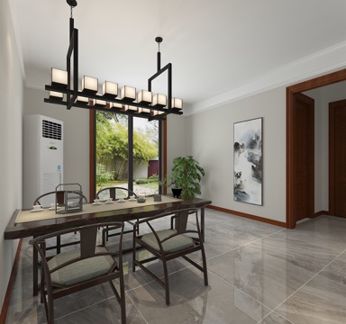  新中式茶室  榻榻米  门  空调  桌椅  灯  壁画3d模型 