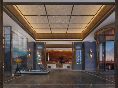 新中式酒店大堂3d模型 