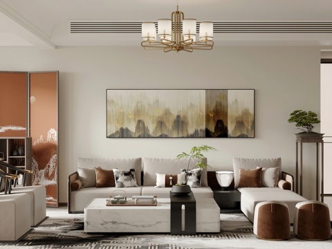  新中式客餐厅 开放厨房 玄关 书房 干区3d模型 