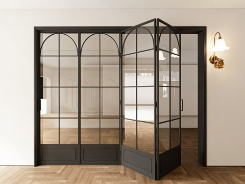 现代简约拱形折叠玻璃门 隔断系统 黑色极细框 复古壁灯su模型