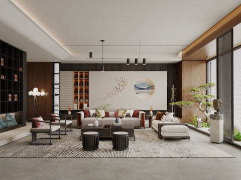  新中式现代家居客厅新中式禅意家居宋式美学客厅客餐厅组合3d模型 