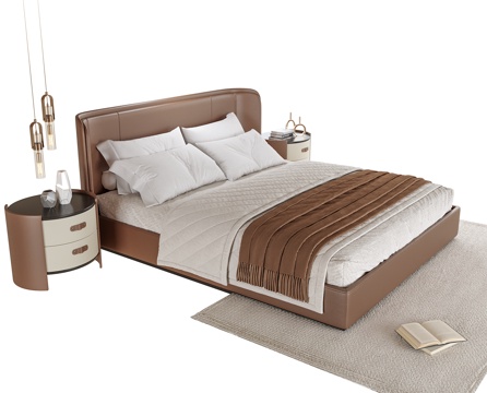  现代双人床 床头柜su模型 