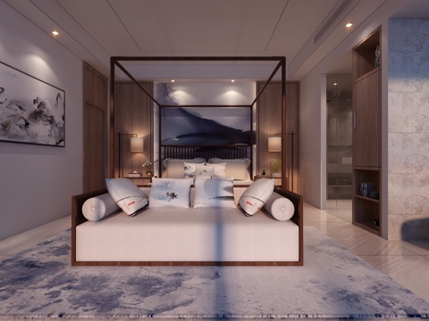  禅意中式客房 卧室 床 沙发 浴室 壁灯3d模型 