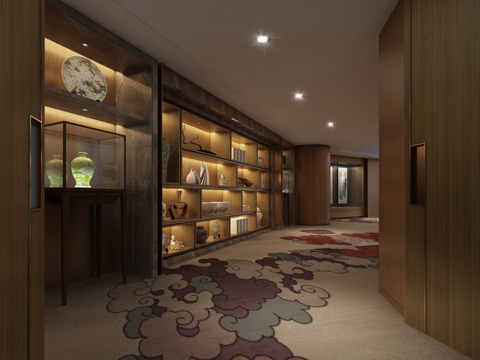  新中式会所酒店走道3d模型 