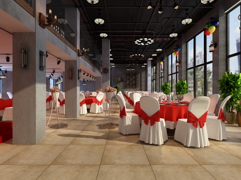  工业风宴会厅3d模型 