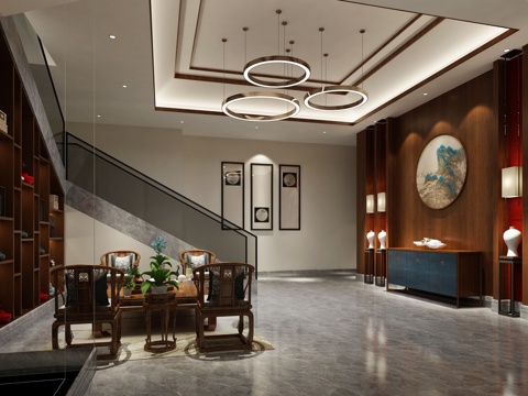  传统中式茶室 吊灯 茶桌椅 装饰柜 摆件 置物架3d模型 