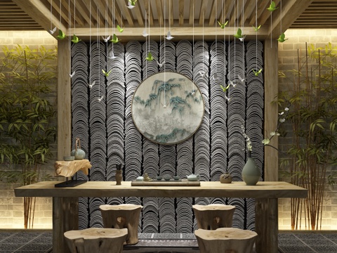  中式茶台茶桌椅瓦片背景墙饰品组合3D模型3d模型 