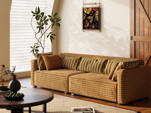 现代中古风多人沙发 布艺休闲沙发su模型