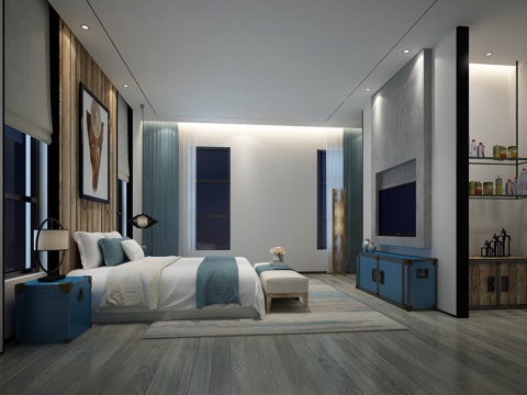  现代中式酒店客房3d模型 