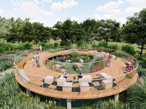  现代亲水平台 圆形平台 亲水栈道su模型 