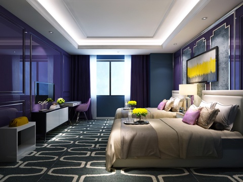  后现代酒店客房 吊灯 双人床 床尾凳 书架 装饰柜 摆件3d模型 