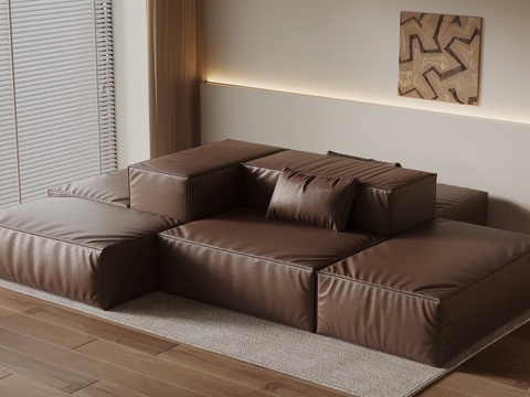 现代多人沙发 皮革休闲沙发su模型