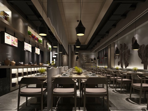  工装 餐厅 木质桌椅 吊顶 调料架 墙式3d模型 