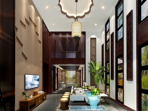  传统中式挑空茶室 吊灯 茶桌椅 装饰柜3d模型 