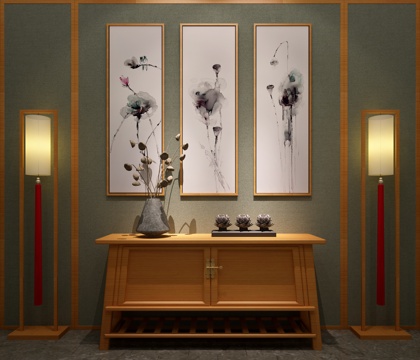  新中式残荷挂画端景柜落地灯组合 新中式玄关3d模型 
