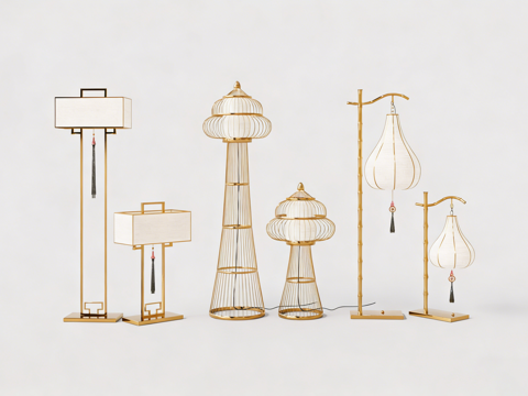 新中式金属骨架布艺灯具 塔形水滴形 流苏su模型