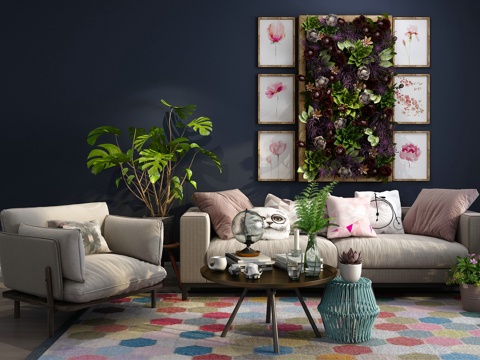  现代沙发组合绿植物组合3d模型 