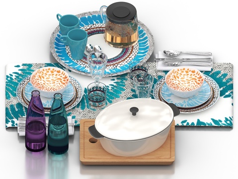  餐具 茶具 餐桌摆件 桌布 刀叉 玻璃杯 茶壶 厨具 碗 盘3d模型 