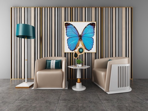  新中式时尚沙发组合 落地灯 边几 摆件 挂画3d模型 