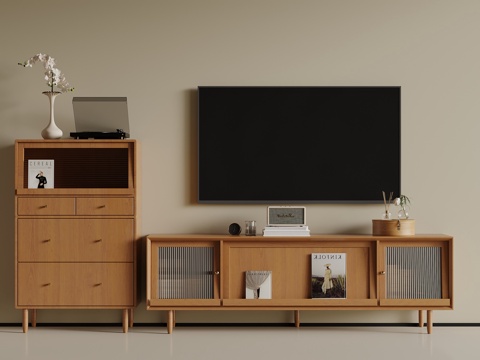  现代电视柜 原木电视柜su模型 