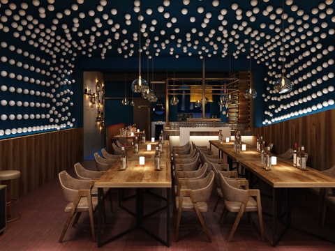  工业风酒吧 背景墙 红木地板 金属构件3d模型 