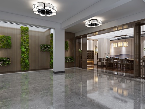  禅意中式茶室 茶桌椅 吸顶灯 装饰柜 挂画 植物墙3d模型 