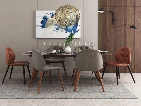  后现代餐桌椅吊灯组合 挂画3d模型 