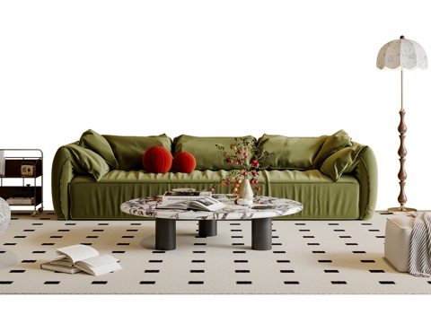 法式沙发茶几组合 三人沙发 休闲椅 落地灯 地毯su模型