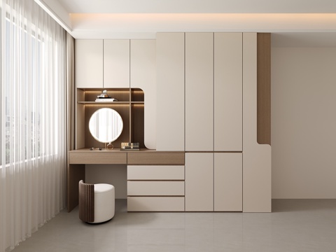  现代简约主卧室床尾衣柜中古风穿插式梳妆台一体柜3d模型 