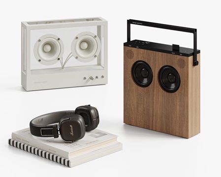 现代音响耳机组合 书籍 摆件 数码设备 透明音响su模型