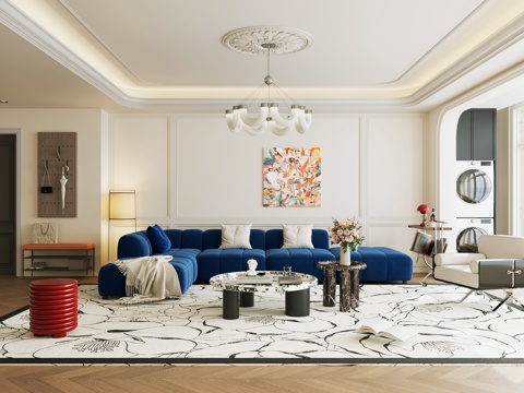  法式奶油风客厅 大平层 横厅3d模型 