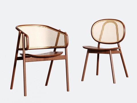  中古餐椅 单椅 实木藤编椅su模型 