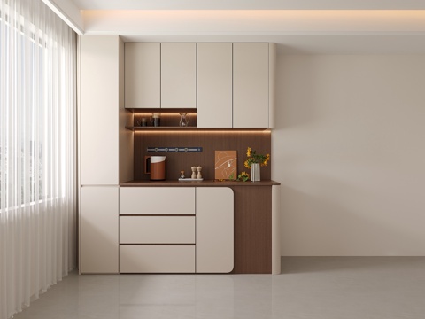  现代简约餐厅定制餐边柜中古风分段式圆弧柜门酒柜3d模型 