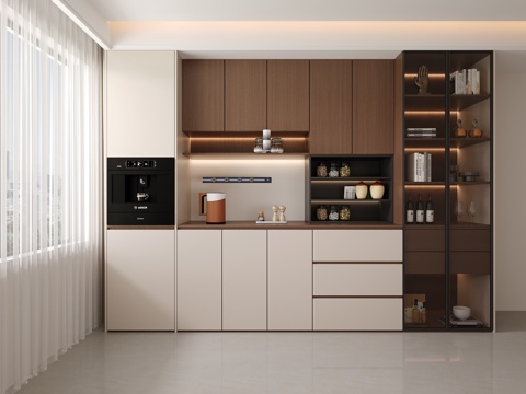  现代简约餐厅定制餐边柜玻璃门中古风分段式酒柜电器柜一体3d模型 