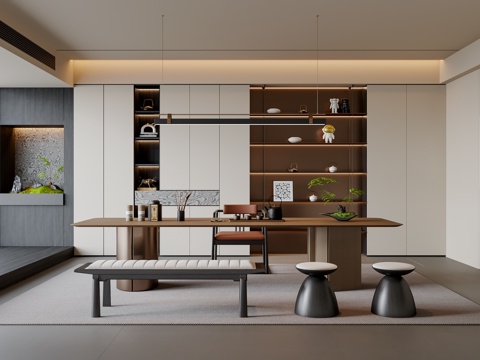  新中式茶室 茶桌椅 茶柜 吊灯 装饰柜 地毯3d模型 