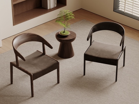  新中式休闲椅 单人椅 木制餐椅 圆形茶几3d模型 