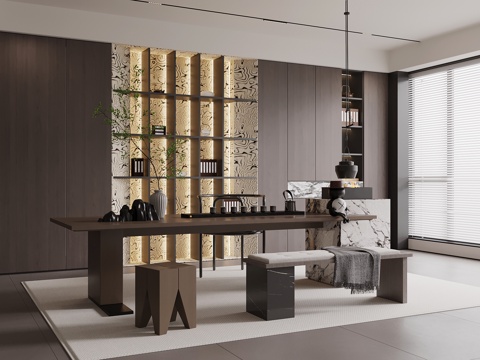  意式茶室 茶桌椅 茶柜su模型 