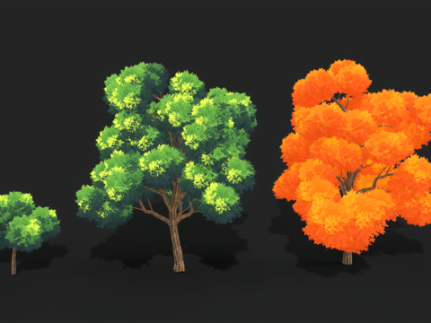  卡通树木 动漫风格森林树木 灌木丛 枫树 植物 游戏素材3d模型 