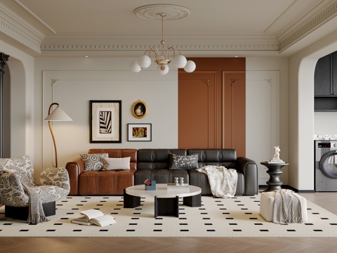  法式中古风客厅 沙发茶几 多人沙发 休闲椅 挂画 地毯3d模型 