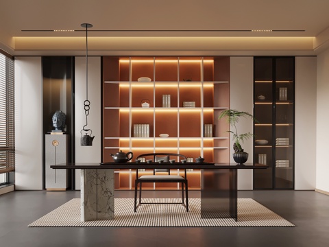  新中式茶室 茶桌椅su模型 