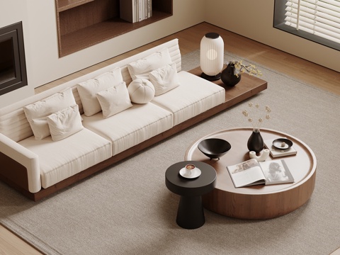  新中式沙发 新中式沙发 多人沙发 直排沙发 沙发茶几组合3d模型 