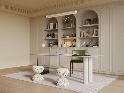  法式奶油风书房3d模型 