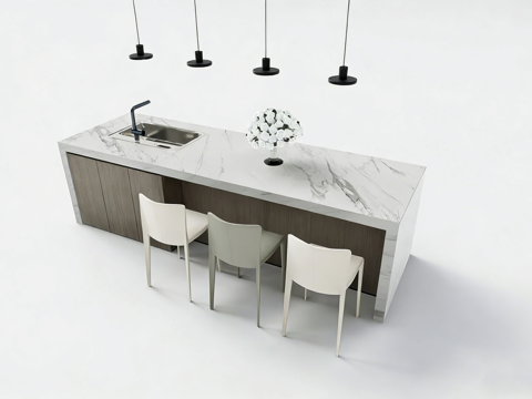 现代简约厨房岛台  大理石台面 嵌入式水槽su模型