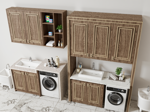 中式洗衣机柜 洗衣机组合柜 拖把池 储物柜su模型