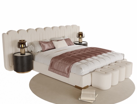  现代双人床 床头柜 床尾凳3d模型 