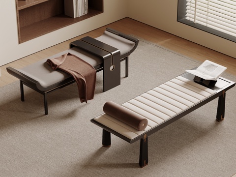 新中式床尾塌 长沙发凳 换鞋凳su模型