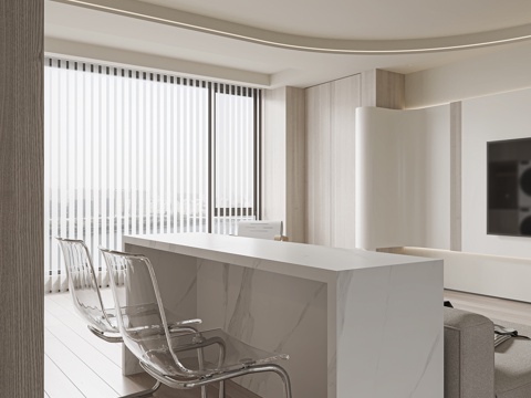  现代奶油风客餐厅3d模型 