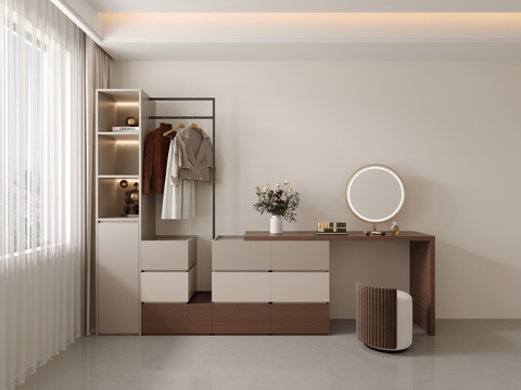  现代简约卧室靠墙角梳妆台衣帽架斗柜一体3d模型 