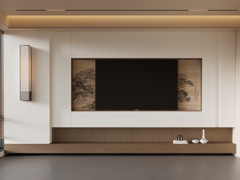  新中式电视背景墙su模型 