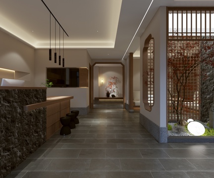  民宿大厅吧台接待区3d模型 